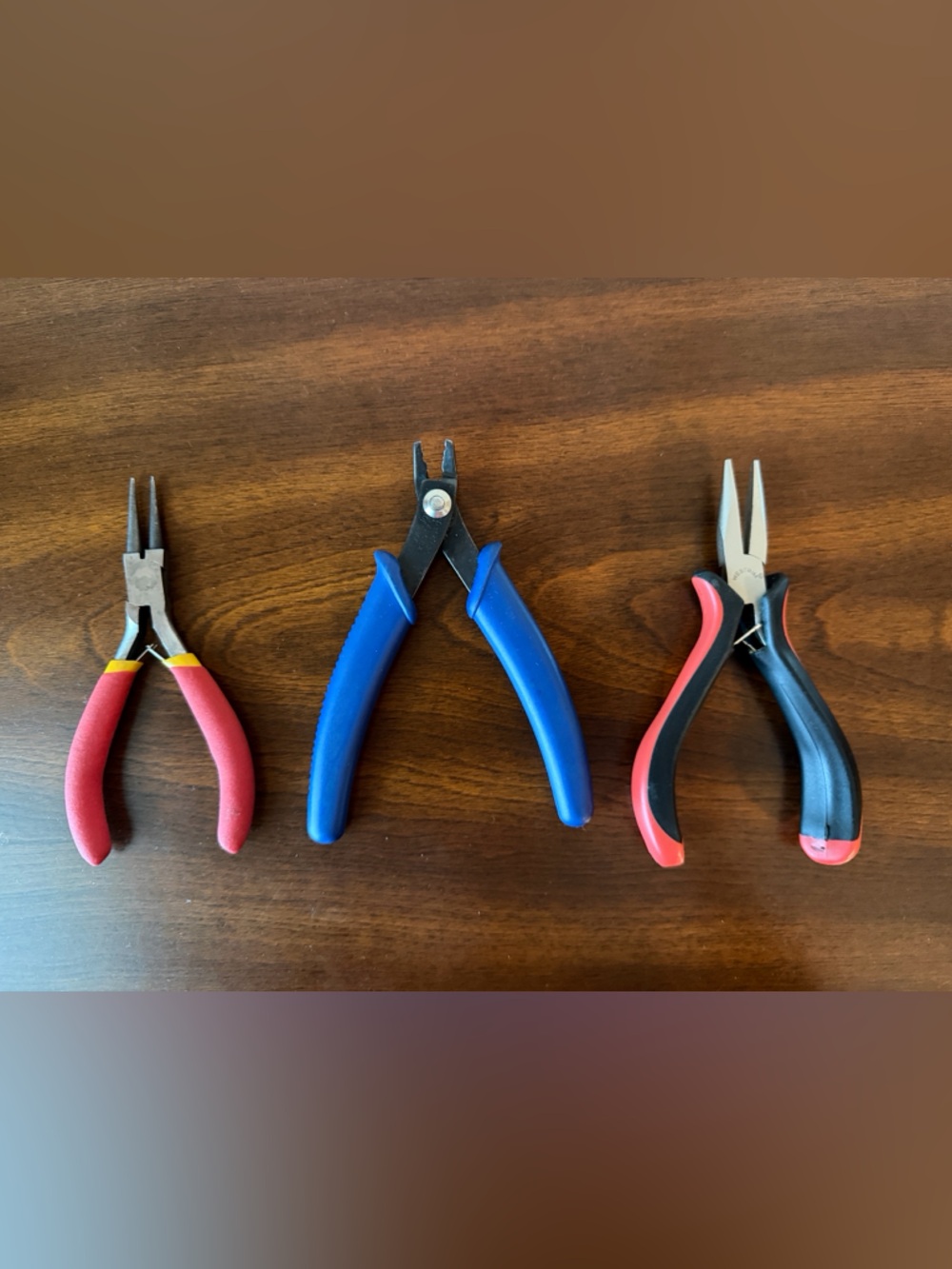 Set of Three Jewelry Pliers in Red, Blue and Black